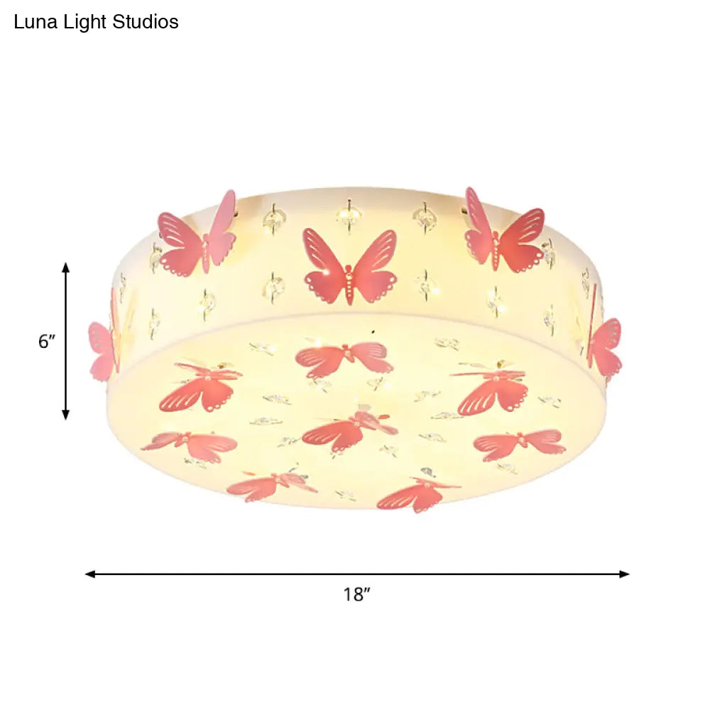 Cartoon Dragonfly Led Flush Mount Light Fixture In Pink Fabric With Warm/White
