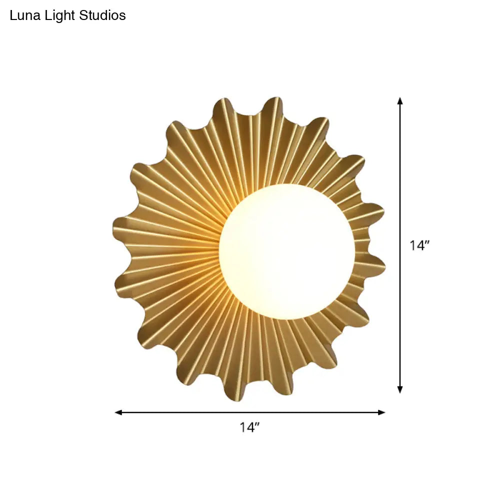 Cartoon Flower Metallic Wall Sconce - Gold 1-Light Lamp With Milk Glass Shade