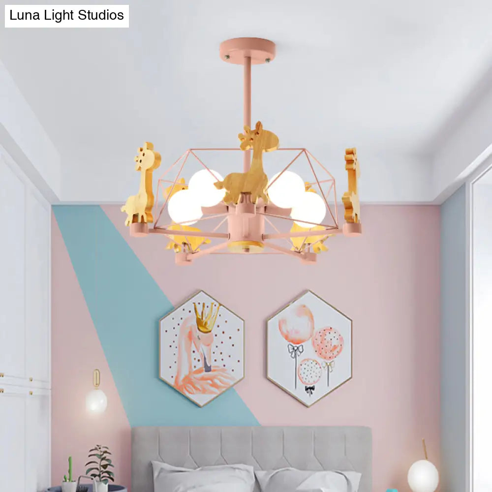 Cartoon Giraffe Kindergarten Ceiling Light: Wooden Hanging Chandelier With Wire Cage