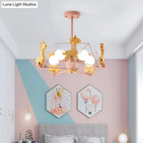 Cartoon Giraffe Kindergarten Ceiling Light: Wooden Hanging Chandelier With Wire Cage