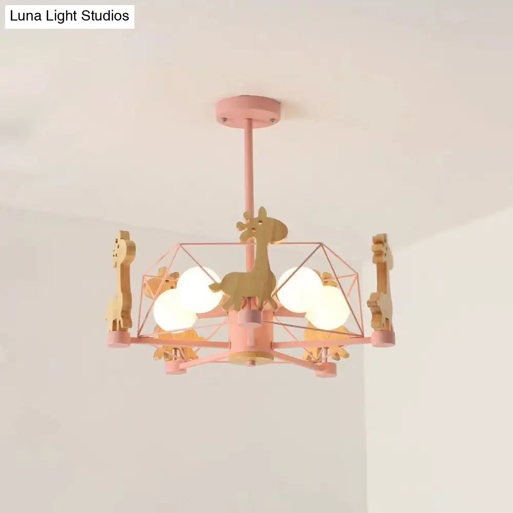 Cartoon Giraffe Kindergarten Ceiling Light: Wooden Hanging Chandelier With Wire Cage