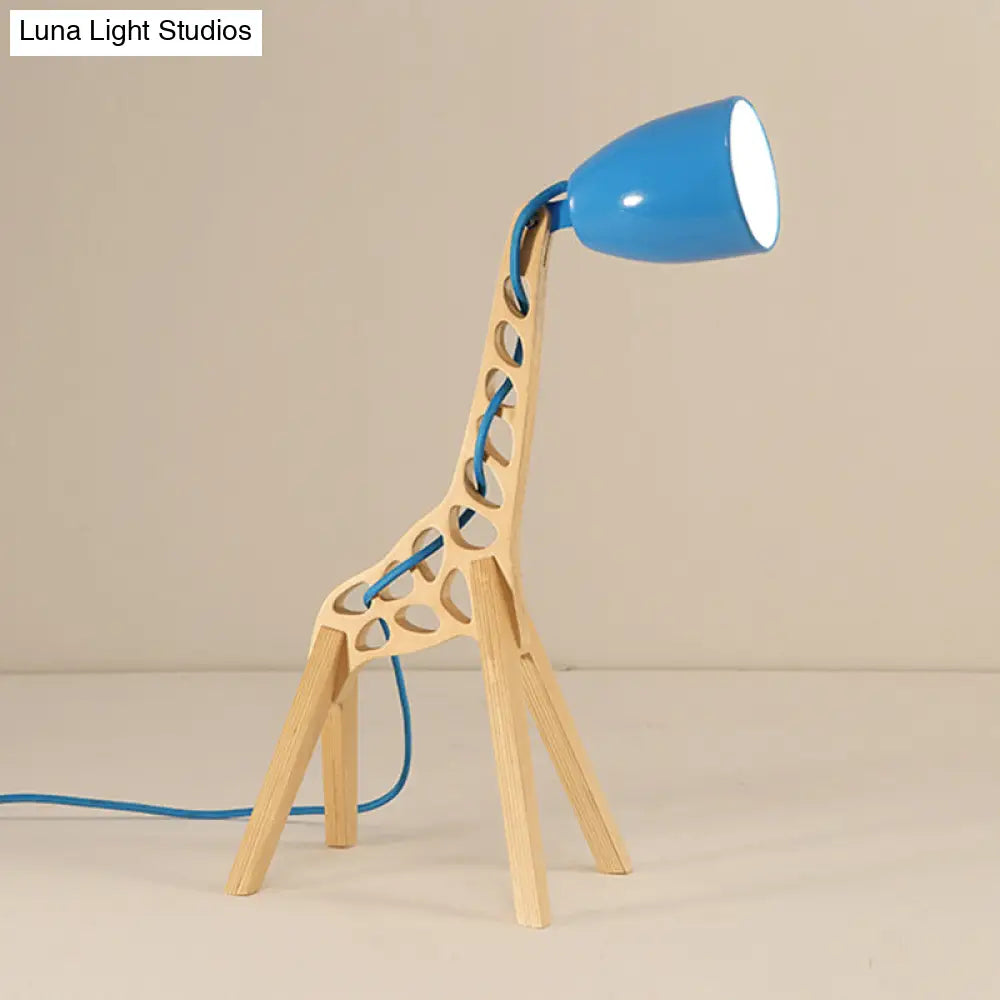 Cartoon Giraffe Night Light Table Lamp - Metal 1-Light With Wood Base In Blue/Red/Green