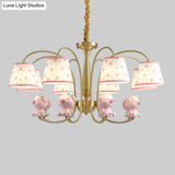 Cartoon Gold Pendant Light With Patterned Fabric Resin Animal And Tapered Chandelier Design