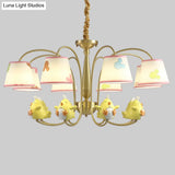 Cartoon Gold Pendant Light With Patterned Fabric Resin Animal And Tapered Chandelier Design