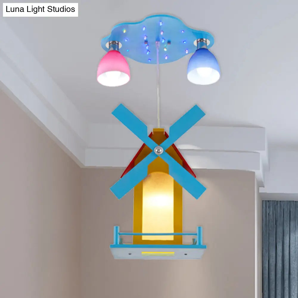 Cartoon House Ceiling Light: Windmill Metal 3-Light Blue Semi Flush For Shops
