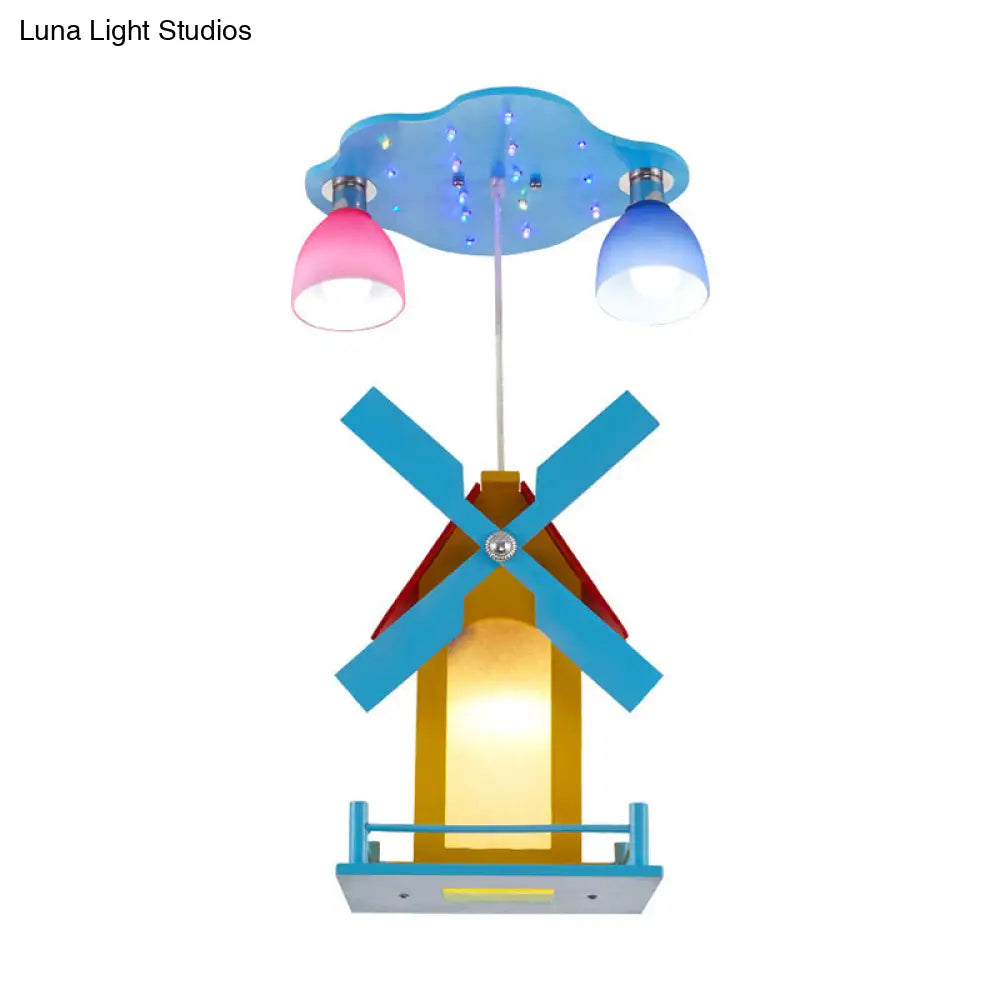 Cartoon House Ceiling Light: Windmill Metal 3-Light Blue Semi Flush For Shops