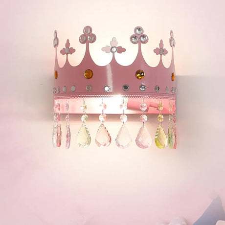 Cartoon Iron Led Pink/Gold Crown Sconce Light Fixture With Crystal Drop Deco Pink