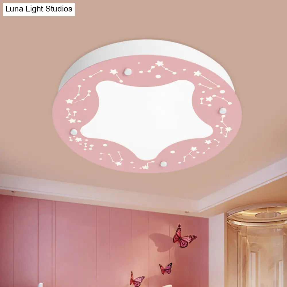 Cartoon Led Acrylic Flush Mount Light - Green/Pink Circular With Star Pattern