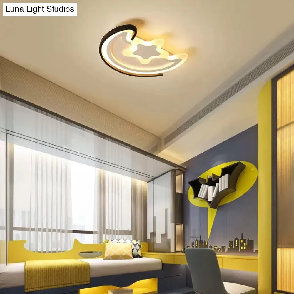 Cartoon Led Flushmount Light For Study Room - Acrylic Moon & Star Ceiling Fixture White / 16 Warm