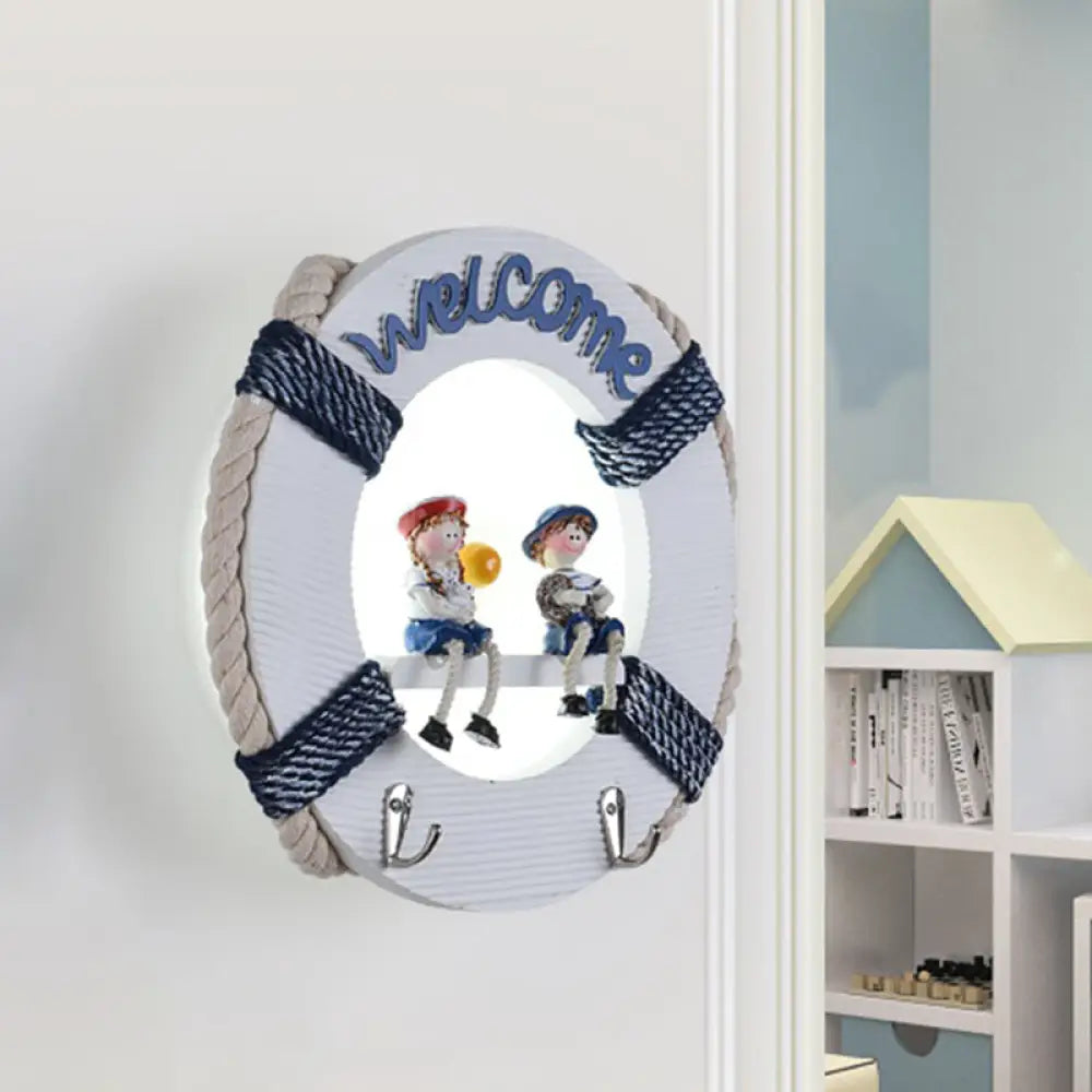 Cartoon Led Life Buoy Wood Sconce Light Fixture - Wall Mount Lamp In White/3 Color