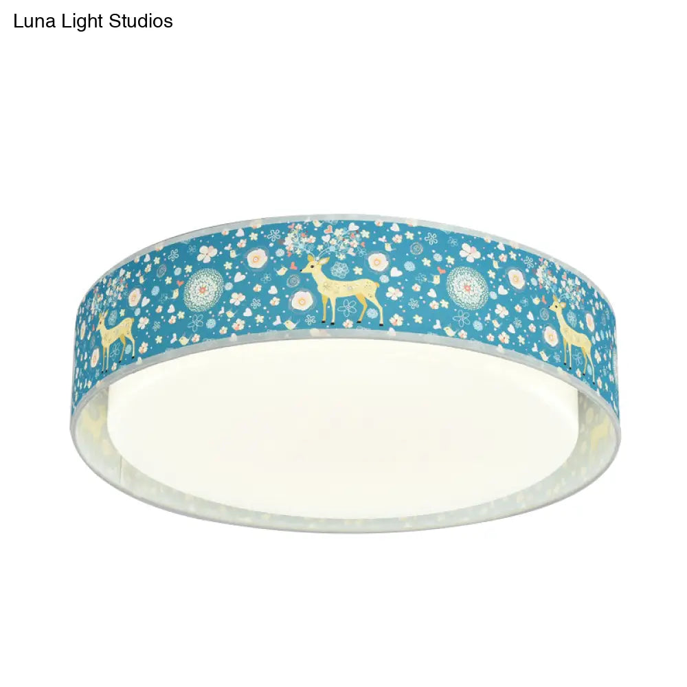 Cartoon Led Metal Flush Mount Light With Animal Pattern For Bedroom - Beige/Blue Drum Lighting