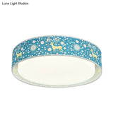 Cartoon Led Metal Flush Mount Light With Animal Pattern For Bedroom - Beige/Blue Drum Lighting