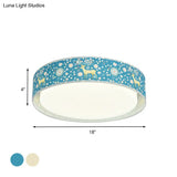 Cartoon Led Metal Flush Mount Light With Animal Pattern For Bedroom - Beige/Blue Drum Lighting
