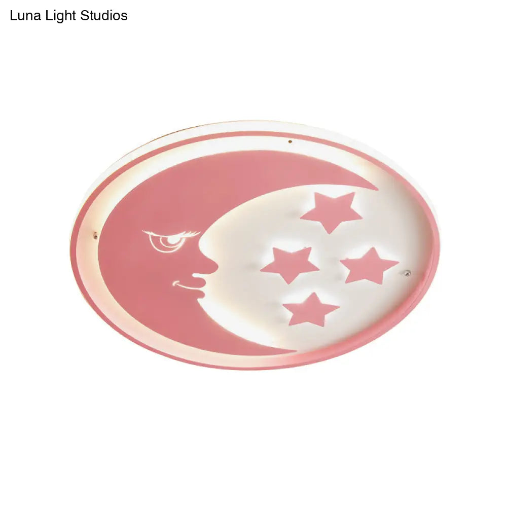 Cartoon Moon And Star Led Flush Lighting For Bedrooms In White/Pink/Blue