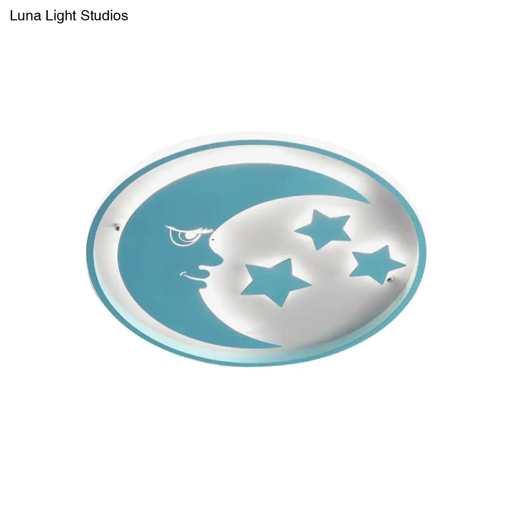Cartoon Moon And Star Led Flush Lighting For Bedrooms In White/Pink/Blue