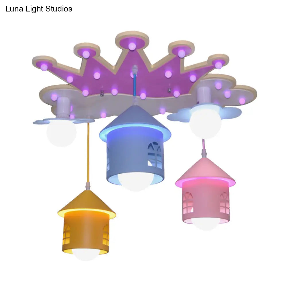 Cartoon Pink Crown Flush Mount Ceiling Lamp With Iron House Shade - Semi Wood Light 5 Lights