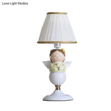 Cartoon Resin Angel Nightstand Lamp With 1 Bulb And White Bucket Fabric Shade