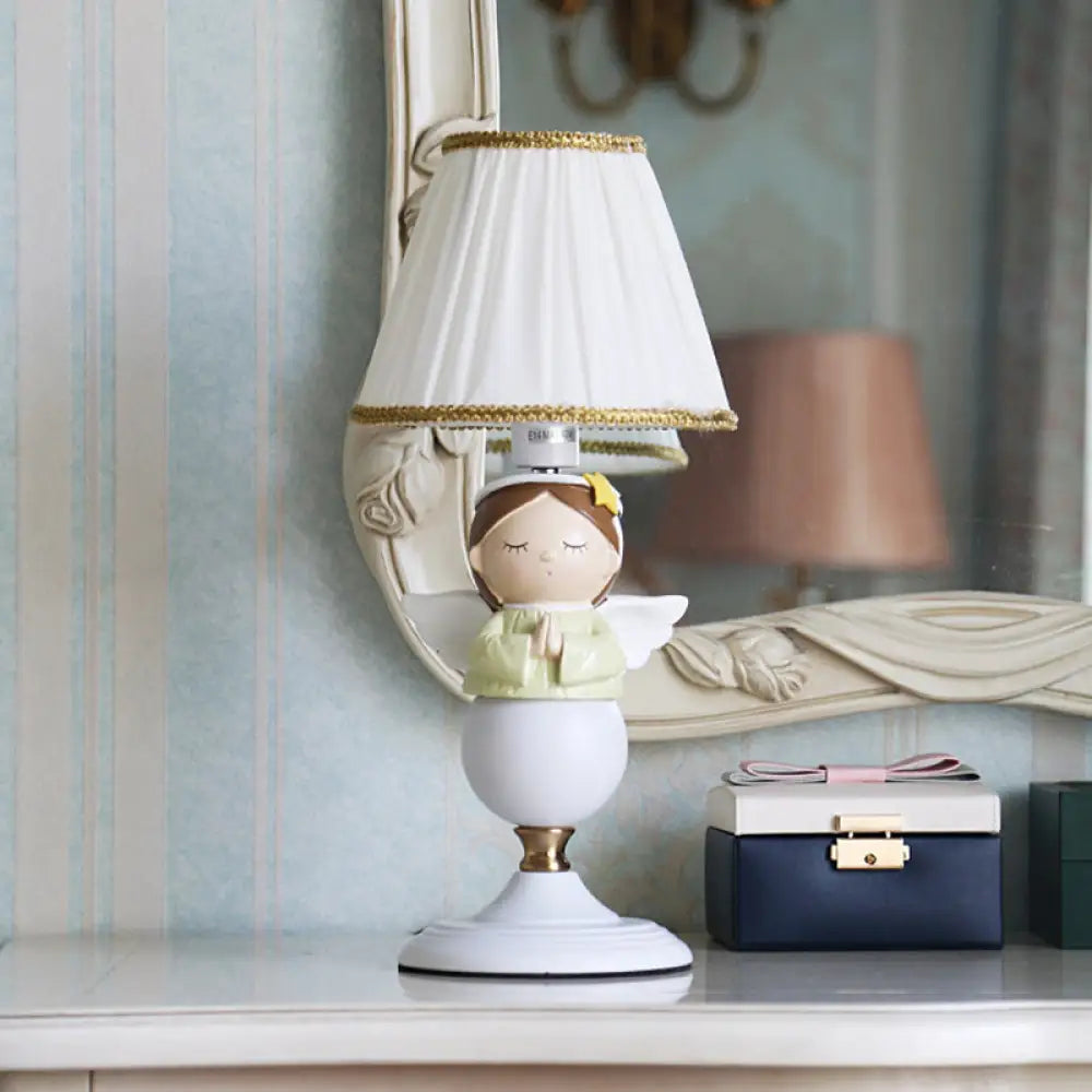 Cartoon Resin Angel Nightstand Lamp With 1 Bulb And White Bucket Fabric Shade