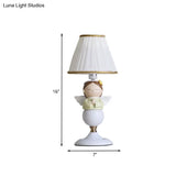 Cartoon Resin Angel Nightstand Lamp With 1 Bulb And White Bucket Fabric Shade