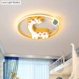 Cartoon - Style Acrylic Giraffe Flush Ceiling Light: Yellow Flushmount Fixture With Leaf Design