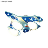 Cartoon Style Blue Plane Flush Mount Lamp With Wood Ceiling Lighting And Milk Glass Teardrop Shade