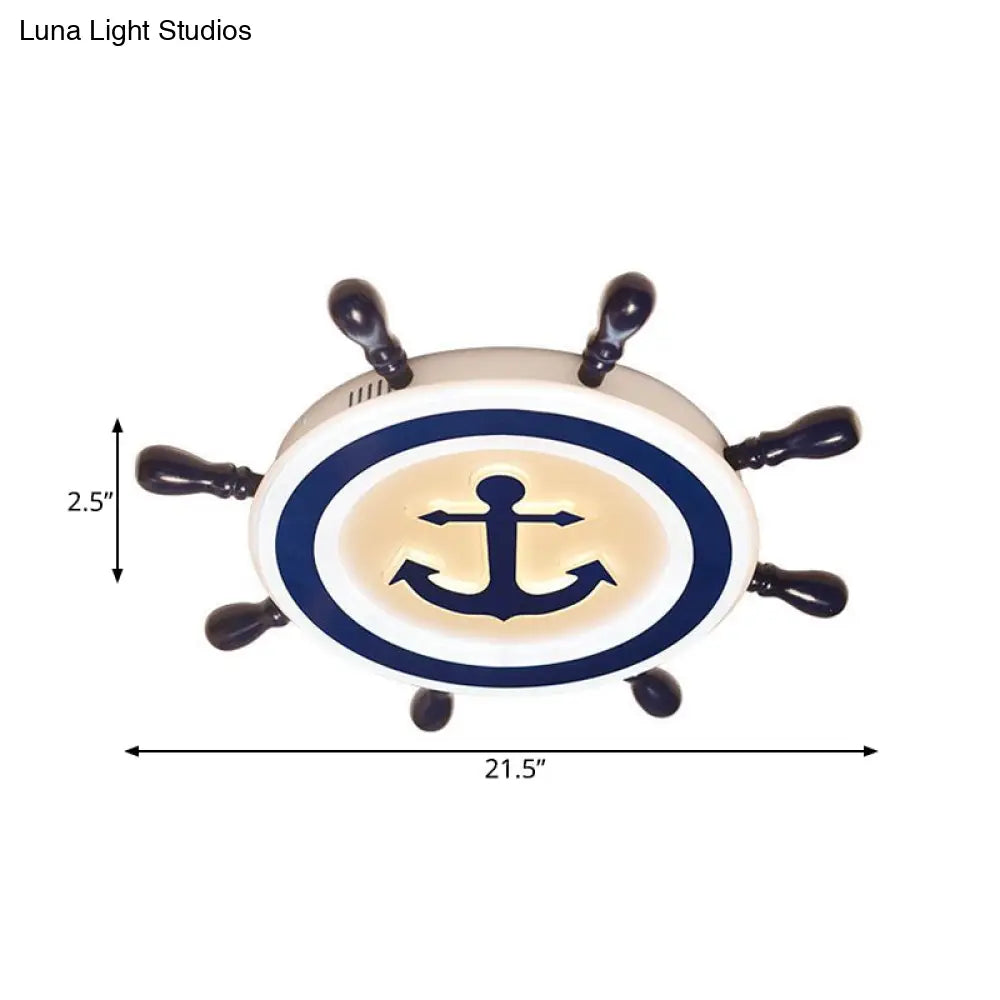Cartoon Style Blue Round Led Flush Mount Light Fixture With Wood And Acrylic Accents Rudder Design