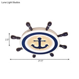 Cartoon Style Blue Round Led Flush Mount Light Fixture With Wood And Acrylic Accents Rudder Design