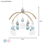 Cartoon White Glass Globe Chandelier Light With Pink/Blue Hanging Pendant - 5-Bulb Design Small Ball