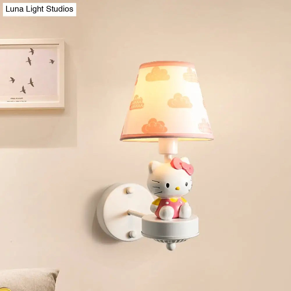 Cartoon White Wall Mount Light: Single-Bulb Bedroom Fixture With Conical Fabric Shade
