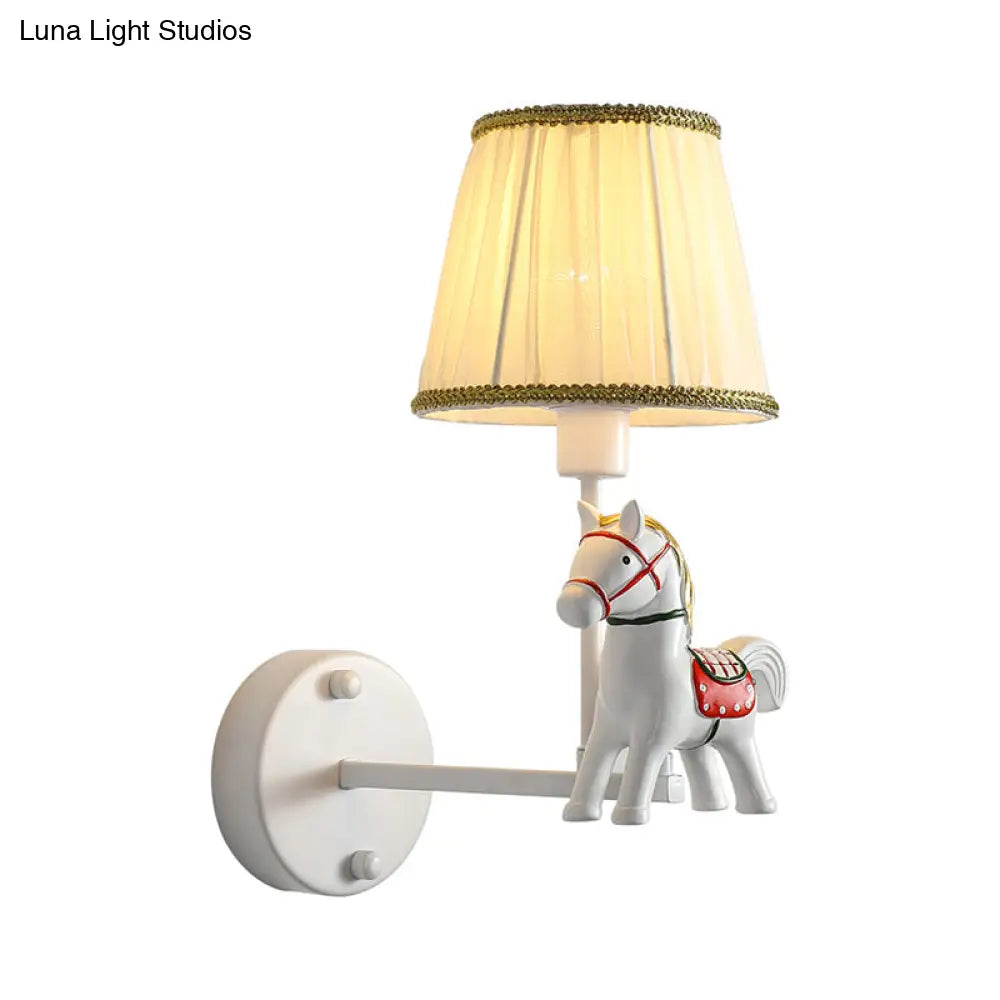 Cartoon White Wall Mount Light: Single-Bulb Bedroom Fixture With Conical Fabric Shade
