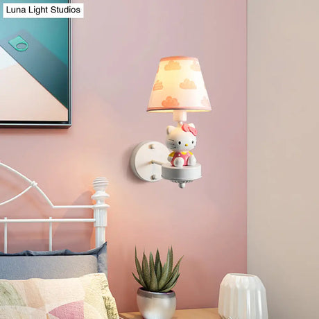 Cartoon White Wall Mount Light: Single-Bulb Bedroom Fixture With Conical Fabric Shade