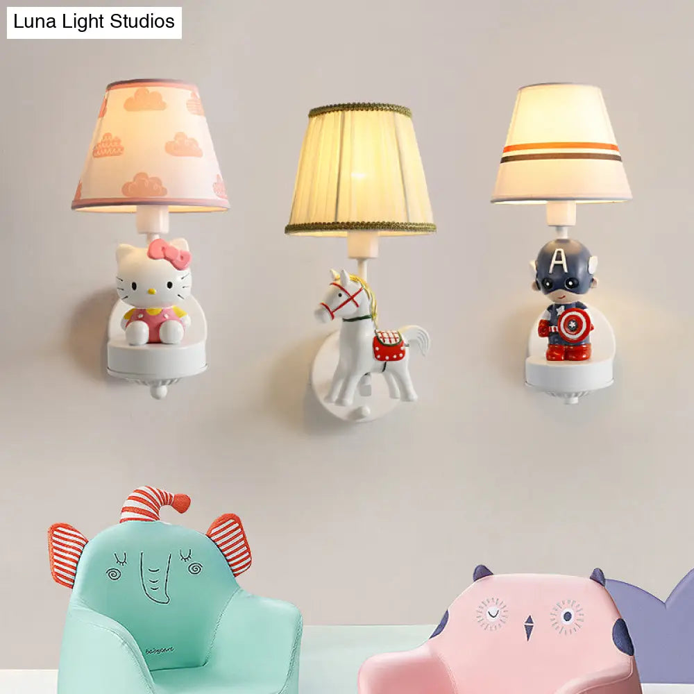 Cartoon White Wall Mount Light: Single-Bulb Bedroom Fixture With Conical Fabric Shade