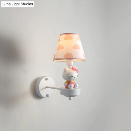 Cartoon White Wall Mount Light: Single-Bulb Bedroom Fixture With Conical Fabric Shade