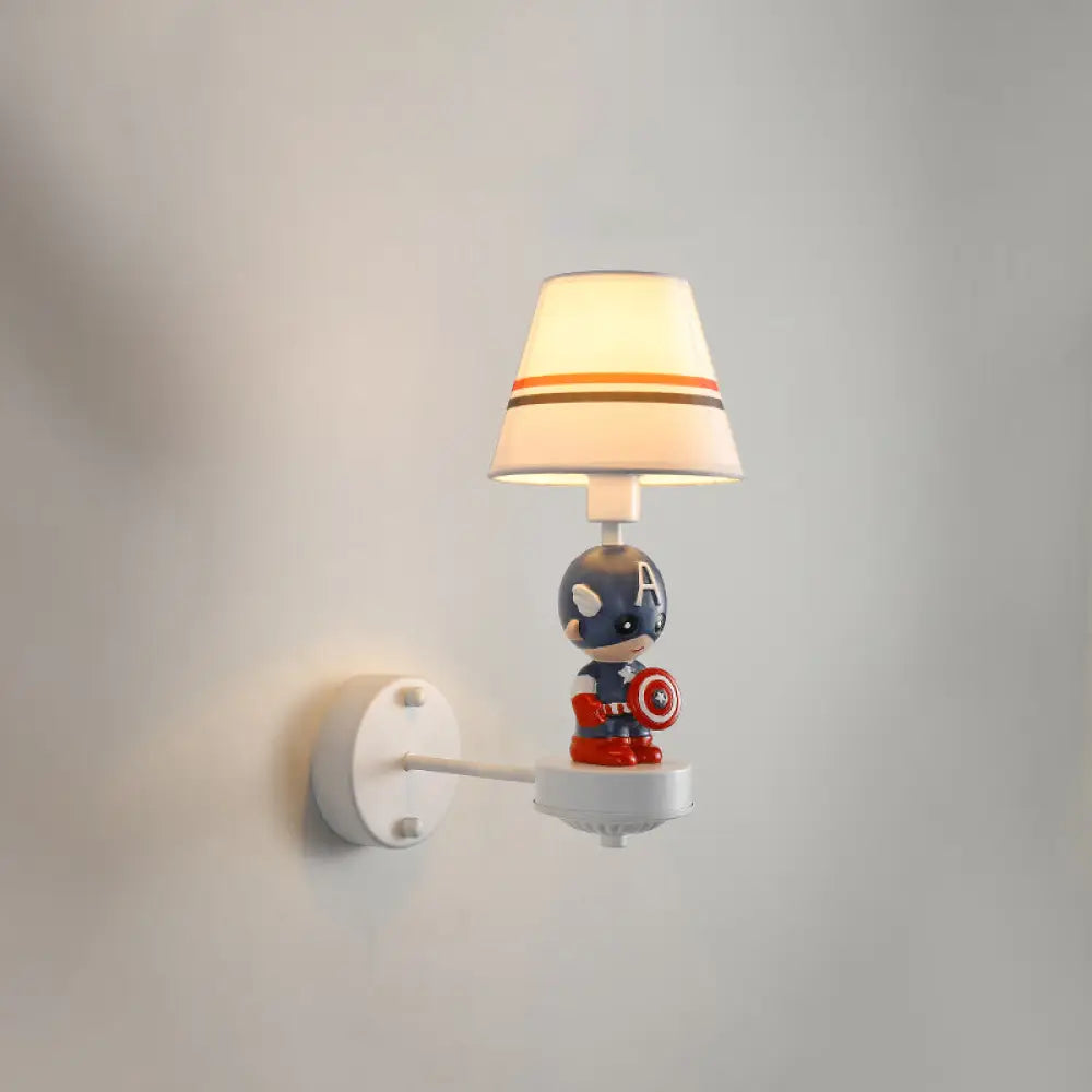 Cartoon White Wall Mount Light: Single-Bulb Bedroom Fixture With Conical Fabric Shade / D