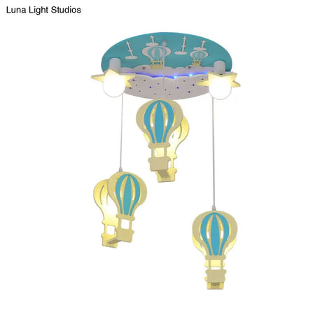 Cartoon Wooden Hot Air Balloon Semi Flush Ceiling Light With 5 Bulbs For Nursery