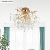 Cascade Bedroom Traditional Crystal 10-Head Semi Flush Ceiling Lamp - Gold