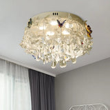 Cascade Teardrop Crystal Ceiling Light - 18’/23.5’ Wide Contemporary 5 Heads Nickel Flush Mount