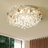 Cascade Teardrop Crystal Ceiling Light - 18’/23.5’ Wide Contemporary 5 Heads Nickel Flush Mount