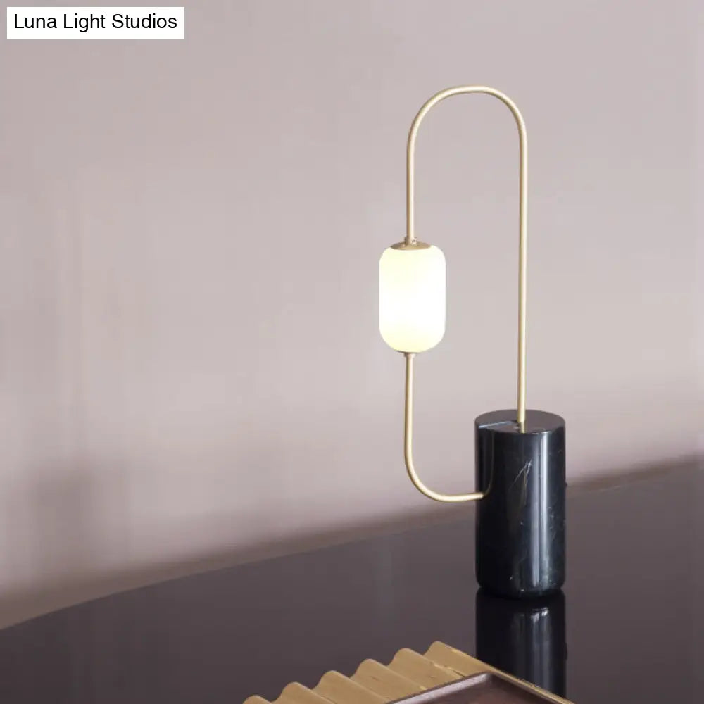 Caterina - Black Circuit Nightstand Light Designer Marble 1-Light Black and Brass Table Lamp with Oval Milk Glass Shade