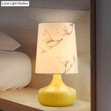 Caterina - Korean Single-Bulb Printed Fabric Night Light Garden White Barrel Bedside Table Lighting