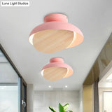 Ceiling Light With Mobile Wood Shield - Macaron Iron Flush Mount Led Yellow/Pink/Green Foyer