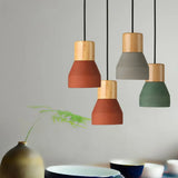 Cement Bottle Small Hanging Lamp Macaron Single Red/Grey/Green Ceiling Pendant Light With Wood Top