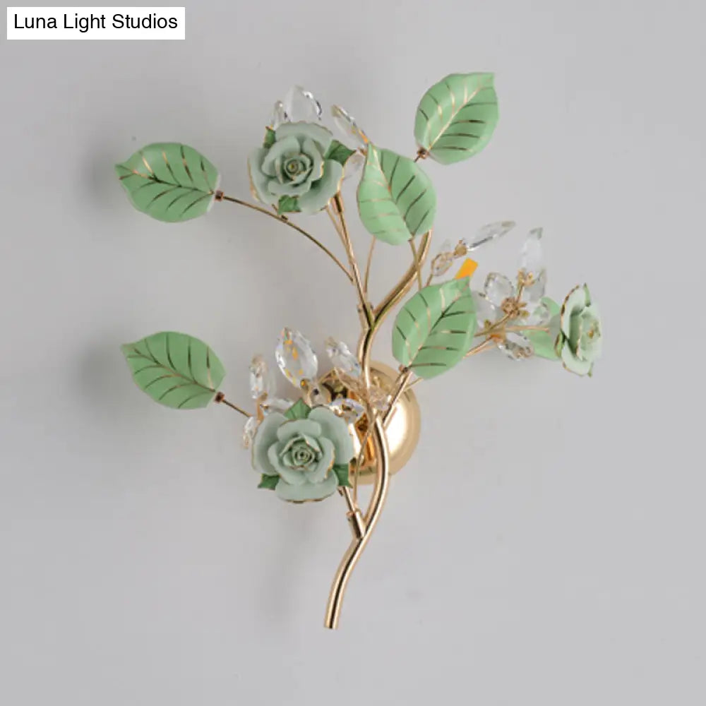 Ceramic And Crystal Branch Wall Lamp With 3 Bulbs Rose/Leaf Design In Black/White For Bedroom Sconce