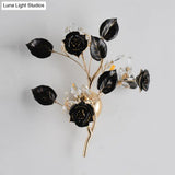 Ceramic And Crystal Branch Wall Lamp With 3 Bulbs Rose/Leaf Design In Black/White For Bedroom Sconce
