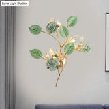 Ceramic And Crystal Branch Wall Lamp With 3 Bulbs Rose/Leaf Design In Black/White For Bedroom Sconce