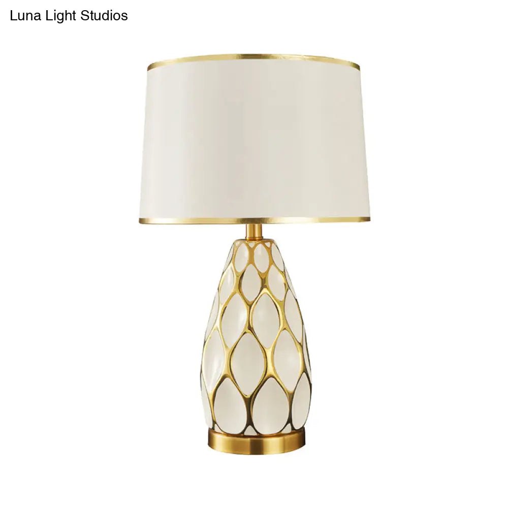Ceramic Drum Table Lamp: Modern White Night Light For Living Room With Fabric Shade