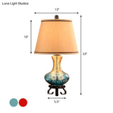 Ceramic Flower Patterned Vase Table Lamp - Retro Design Blue/Red Cone Fabric Shade