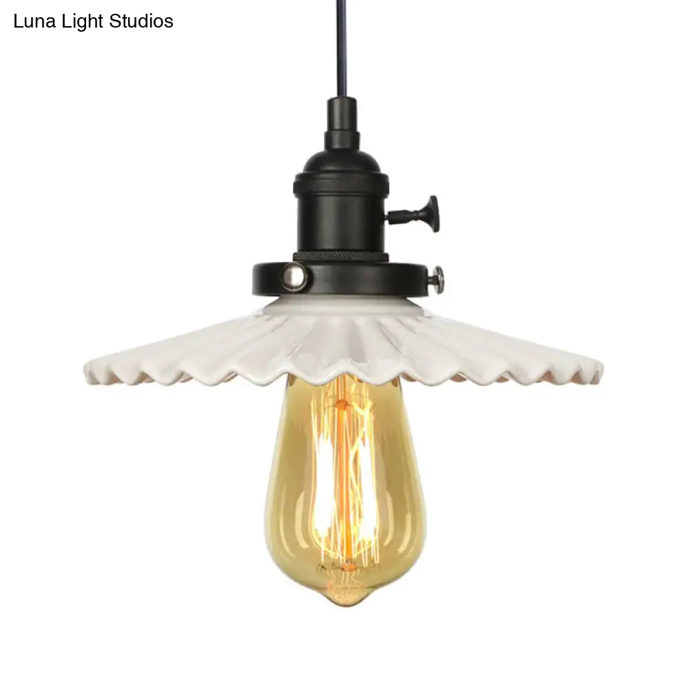 Ceramic Scalloped Edge Industrial Pendant Light With Single Bulb For Dining Rooms In Black Bronze