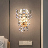 Champagne Hexagon-Crystal Wall Sconce With 3 Tapered Bulbs - Contemporary Flush Mount Light