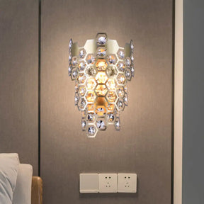 Champagne Hexagon-Crystal Wall Sconce With 3 Tapered Bulbs - Contemporary Flush Mount Light